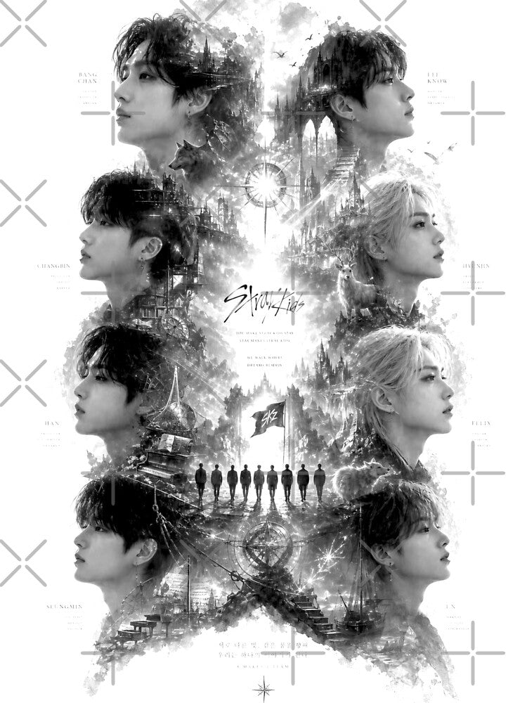 Stray Kids ot8 logo compass DIVINE Korea You make stray kids STAY SKZ SKZOO kpop bang chan lee know changbin hyunjin han felix seungmin IN 5 star world tour poster by Kpop-Noona