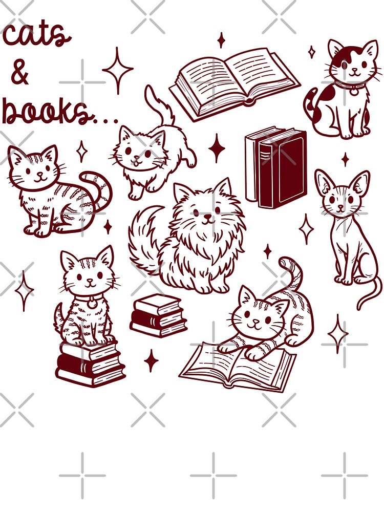 Cute Cats and Books Doodle Illustration for Book Lovers in Red by WildLakePatterns