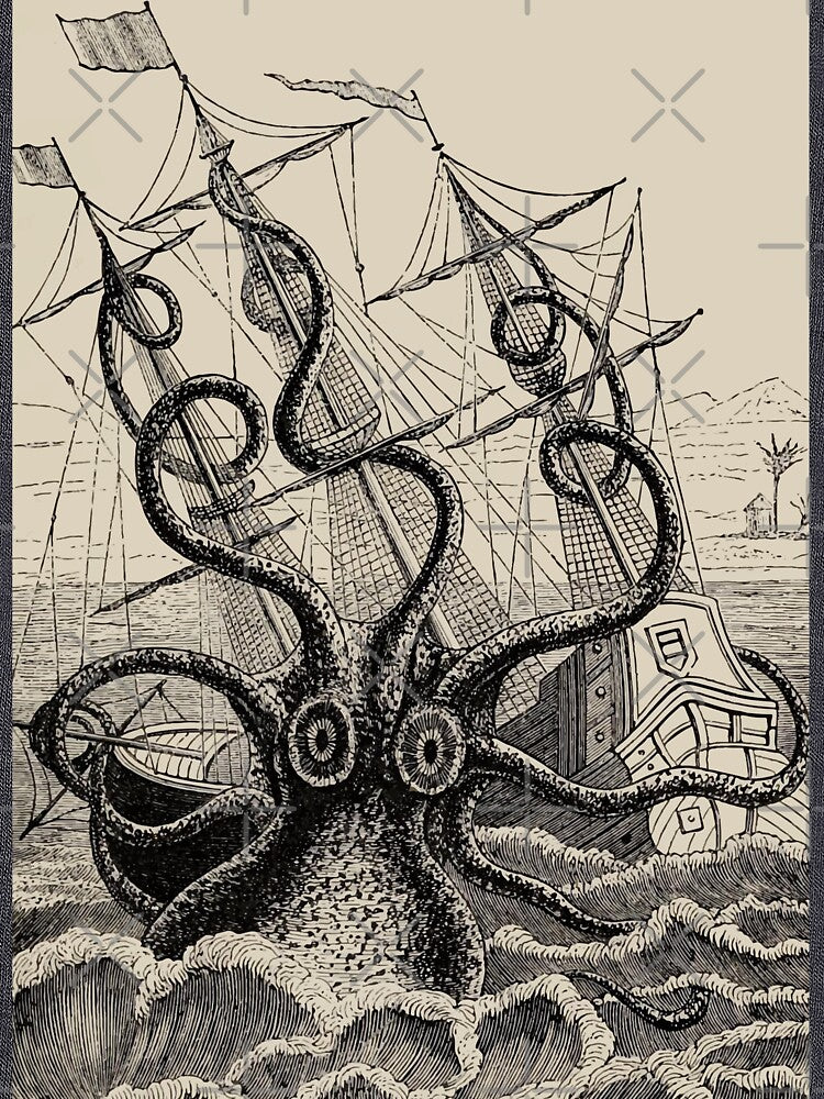 Vintage Kraken attacking ship illustration by monsterplanet