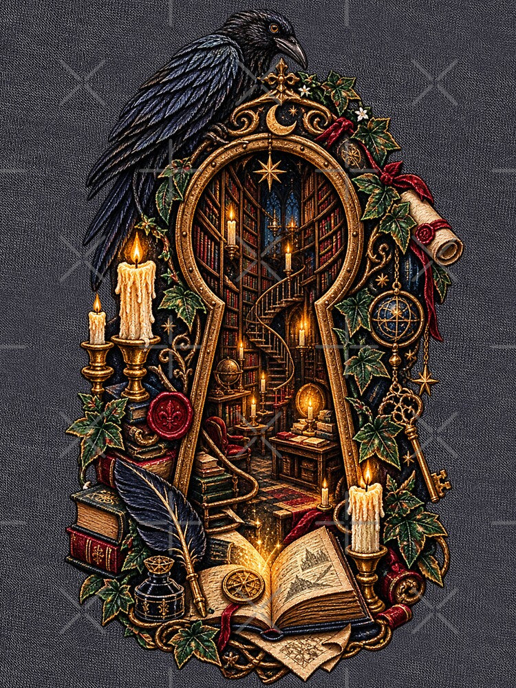 Dark Academia Gothic Library Keyhole Embroidered Raven & Candle Art by Emoji Emblems