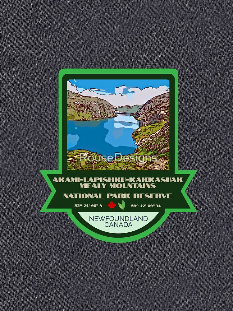 Akami-UapishkU-KakKasuak Mealy Mountains National Park Reserve Vintage Retro Sticker – Canada National Park Badge Design by RouseDesigns