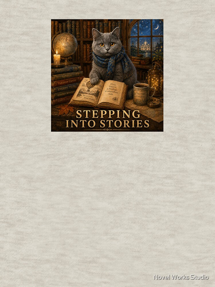 Stepping Into Stories – Cozy Reading Cat Fantasy Library Art by Novel Works Studio
