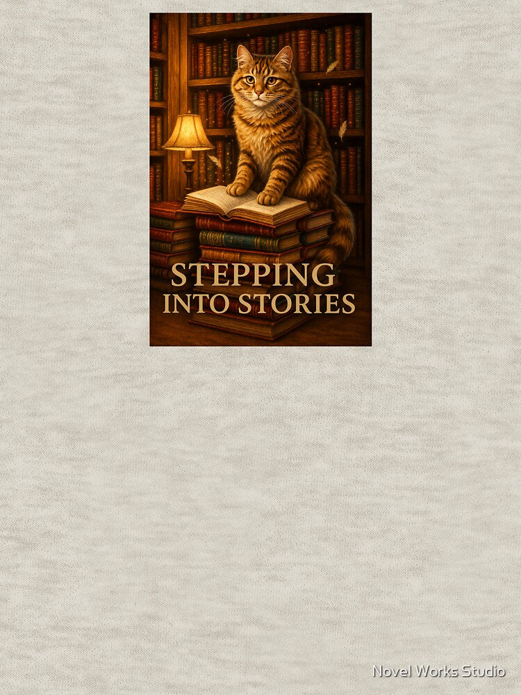 Stepping Into Stories – Cozy Library Cat Reading Art by Novel Works Studio