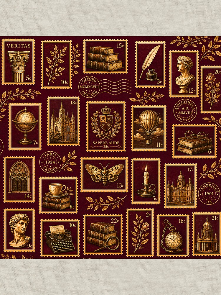 Dark Academia Burgundy & Gold Stamp Pattern | Vintage Scholarly Seamless Design by lavanya11