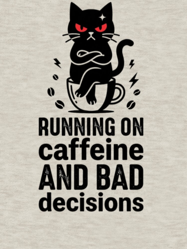 Funny Grumpy Black Cat in Coffee Cup - Running On Caffeine And Bad Decisions by TrendVault USA