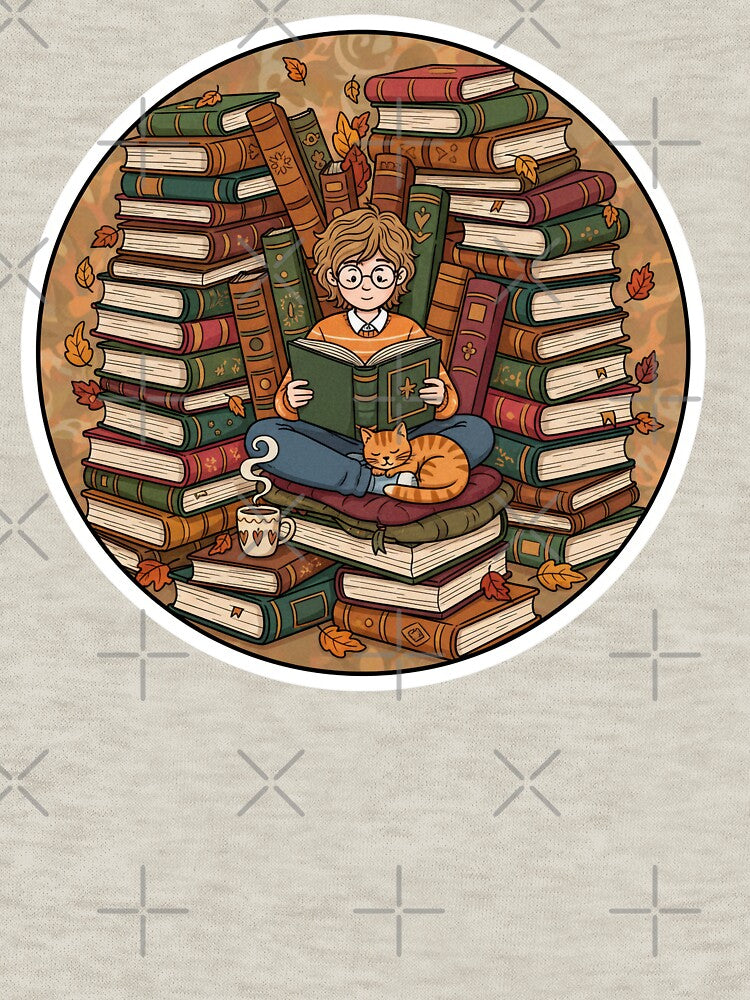 Book Lover Sticker – Cozy Reader with Cat and Stacks of Books by C3J7