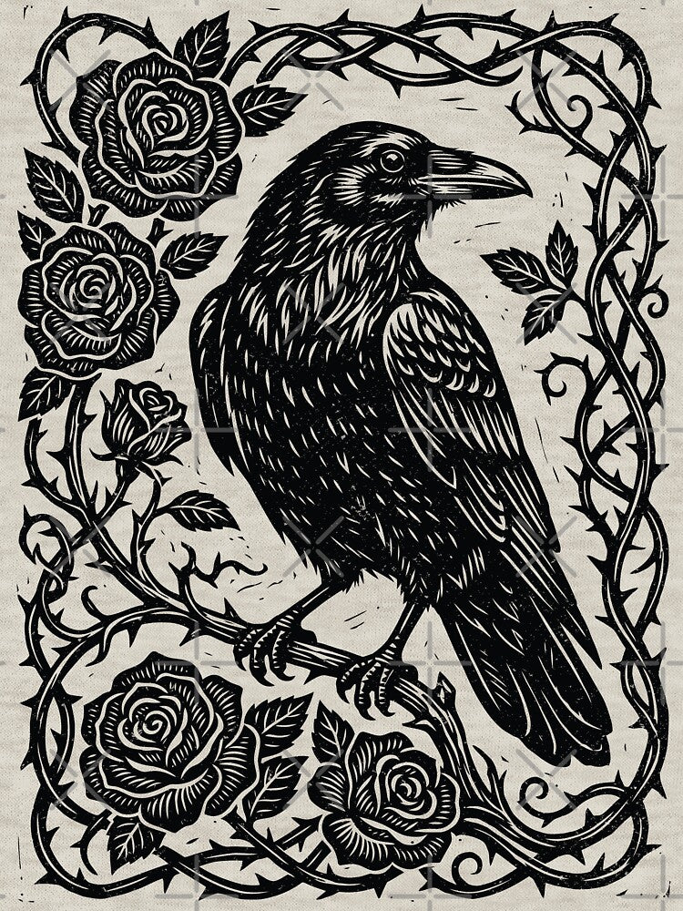 Linocut Raven & Roses Dark Academia Gothic Nature by Y-Vibes
