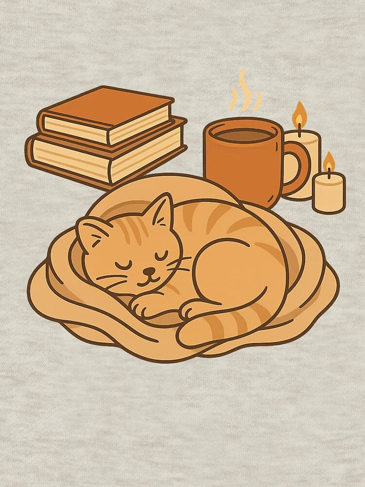 Cozy Chapter Nap – bookish coffee cat t-shirt by PurfectAttitude