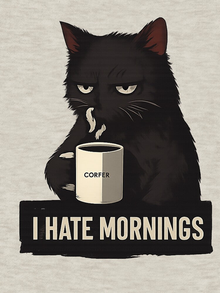Grumpy Black Cat Coffee – I Hate Mornings Funny Cat Quote Design by MonaRose_Art