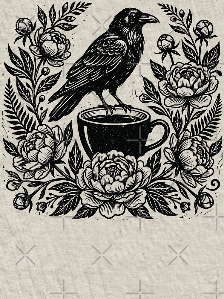 Raven Roses Coffee Linocut Crow Floral Bird by Y-Vibes