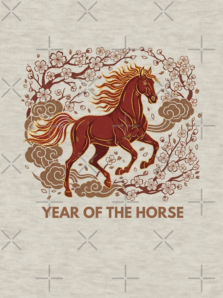 Fire Horse Lunar Year Aesthetic, Year of the Horse 2026 Celestial Art, Traditional Woodblock Style Horse by Scorpia67