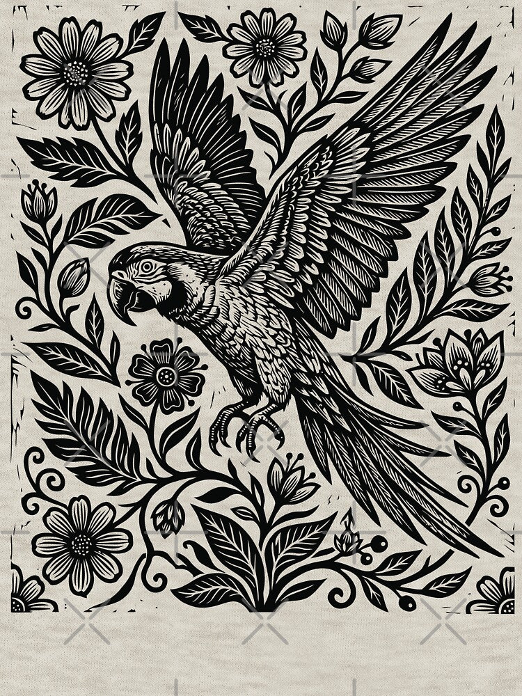 Linocut Parrot Gothic Floral Cottagecore Birdwatching by Y-Vibes