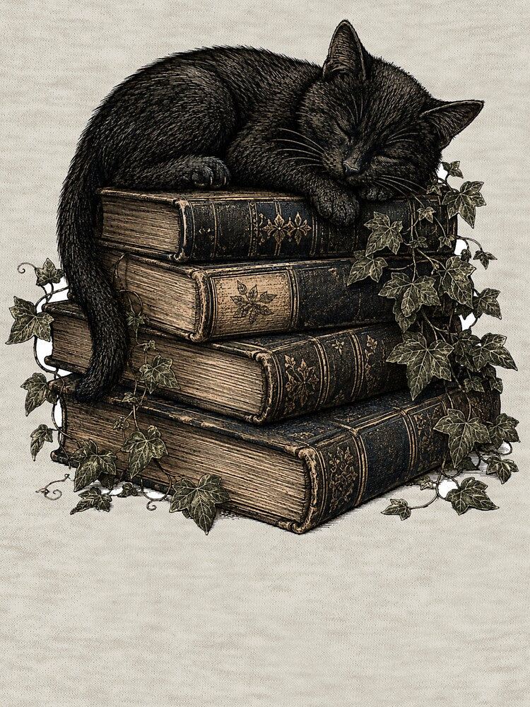 Black Cat Sleeping On Books Dark Academia by Yellowriversss
