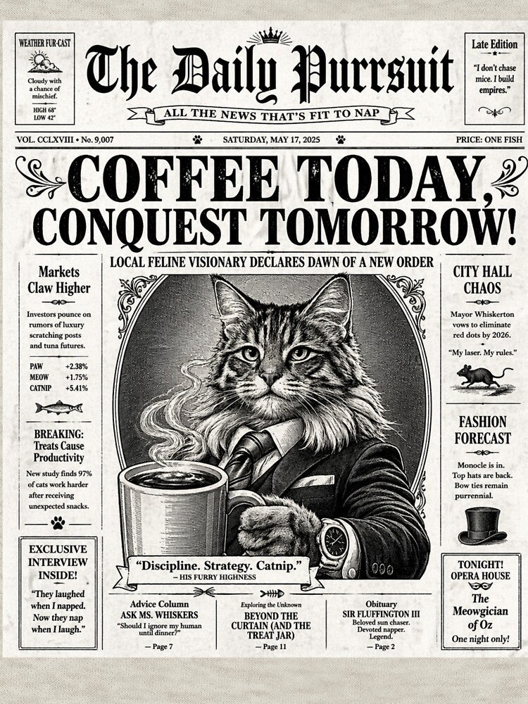 Coffee Today, Conquest Tomorrow – Funny Cat Vintage Newspaper Design by IrynaLineArt
