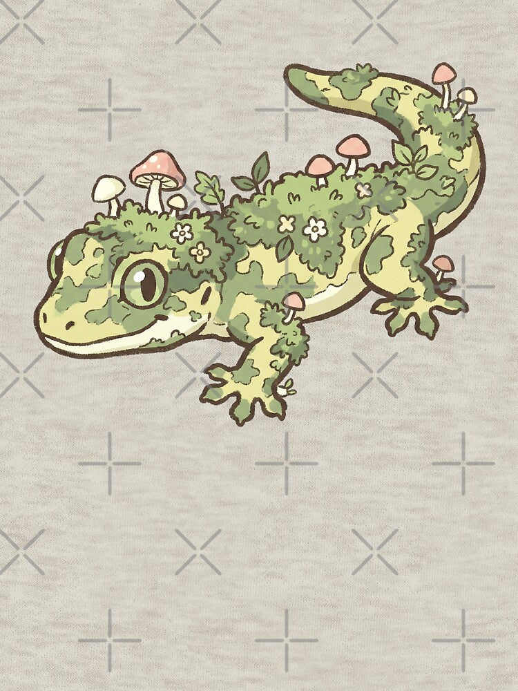 Mossy Gecko with Mushrooms, Cute Cottagecore Lizard Botanical Illustration by Magnificent Lizard