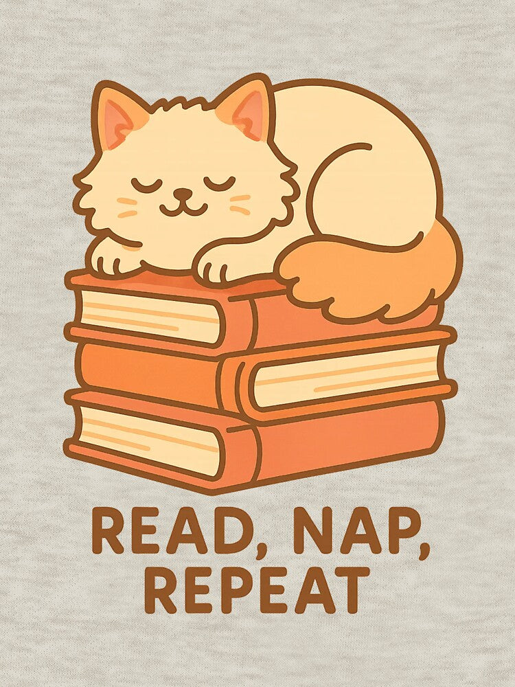 Read Nap Repeat – cozy bookish cat t-shirt by PurfectAttitude