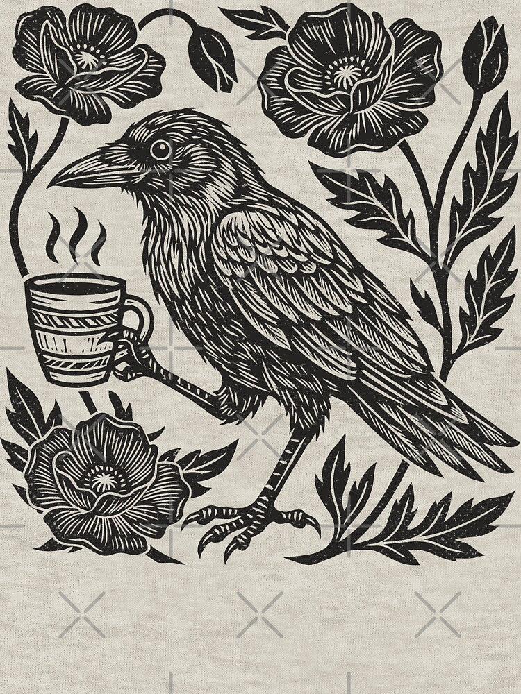 Crow Coffee Linocut Style Vintage Floral Bird by Y-Vibes