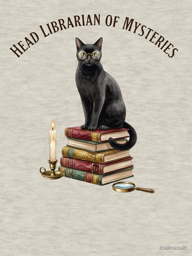Head Librarian Of Mysteries — Black Cat Reading Glasses Library Tee by kosimazaki