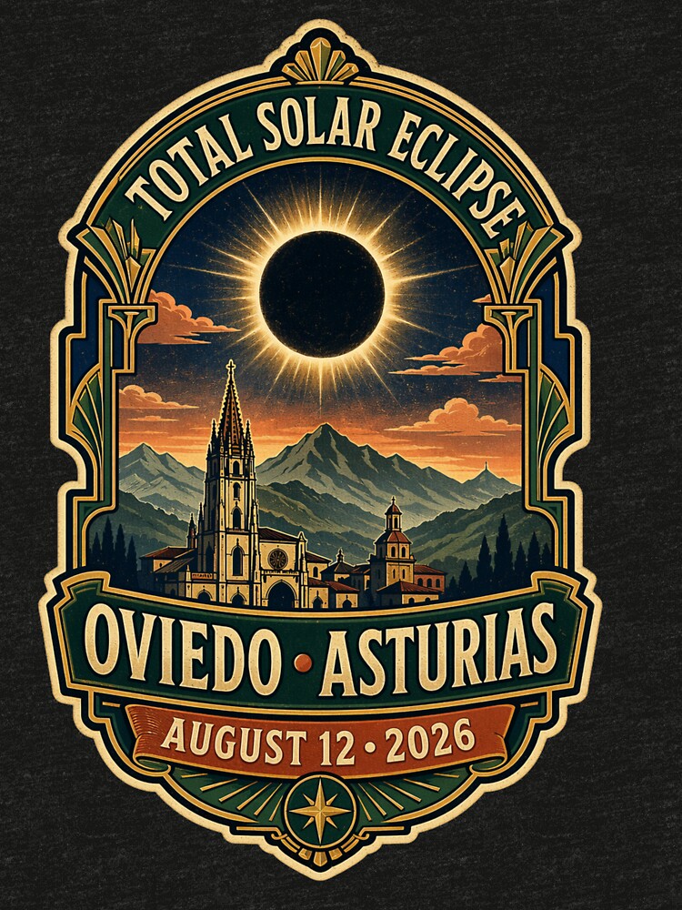 Total Solar Eclipse Oviedo Asturias 2026 August 12 Vintage Art Deco Event Design by Print Loft