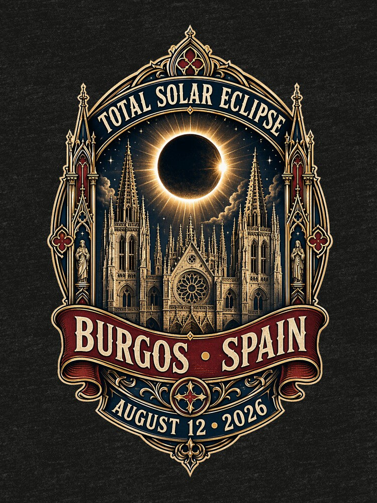 Total Solar Eclipse Burgos Spain 2026 August 12 Gothic Vintage Event Design by Print Loft