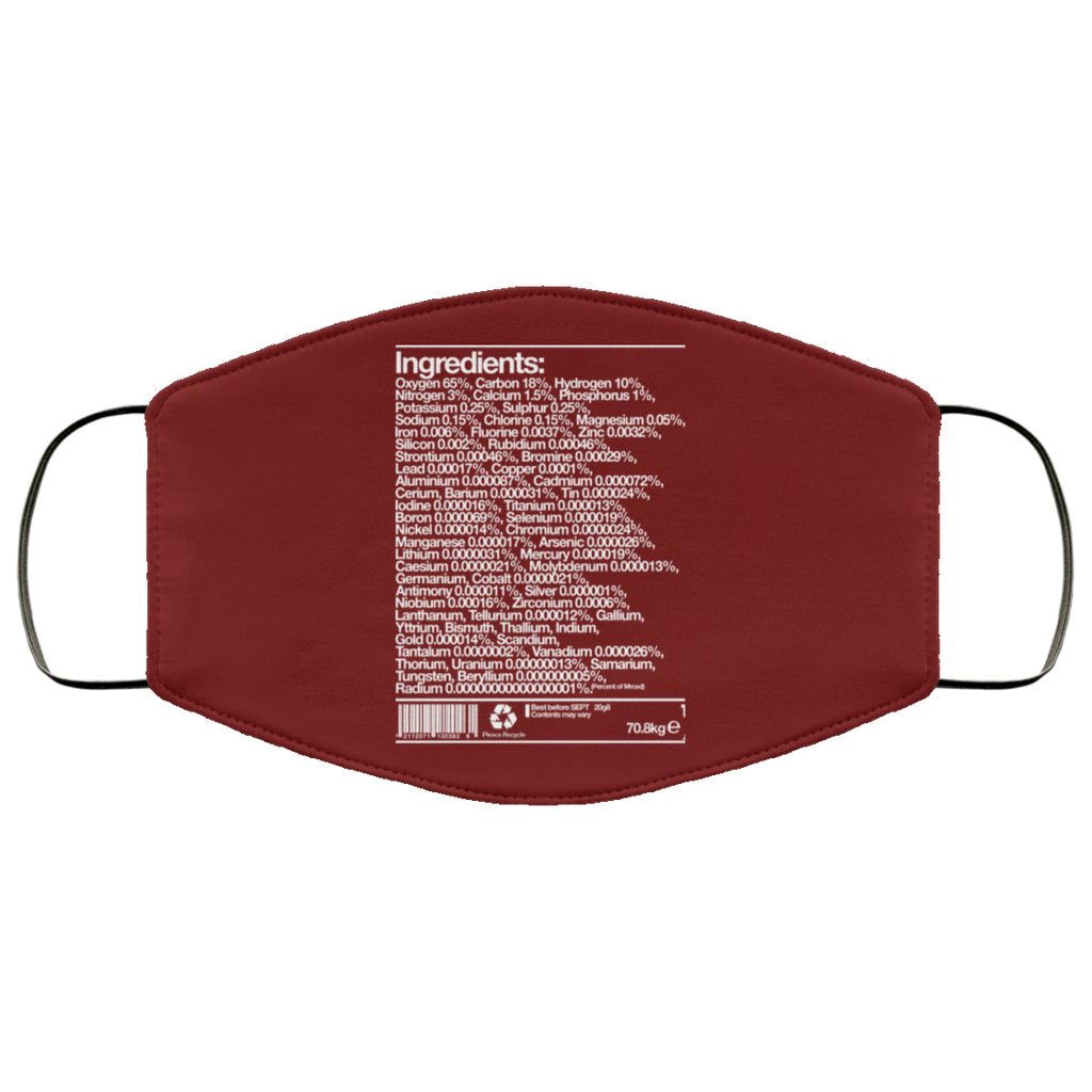 Human Ingredients Oxygen 65% Carbon 18% Hydrogen 10% Face Mask