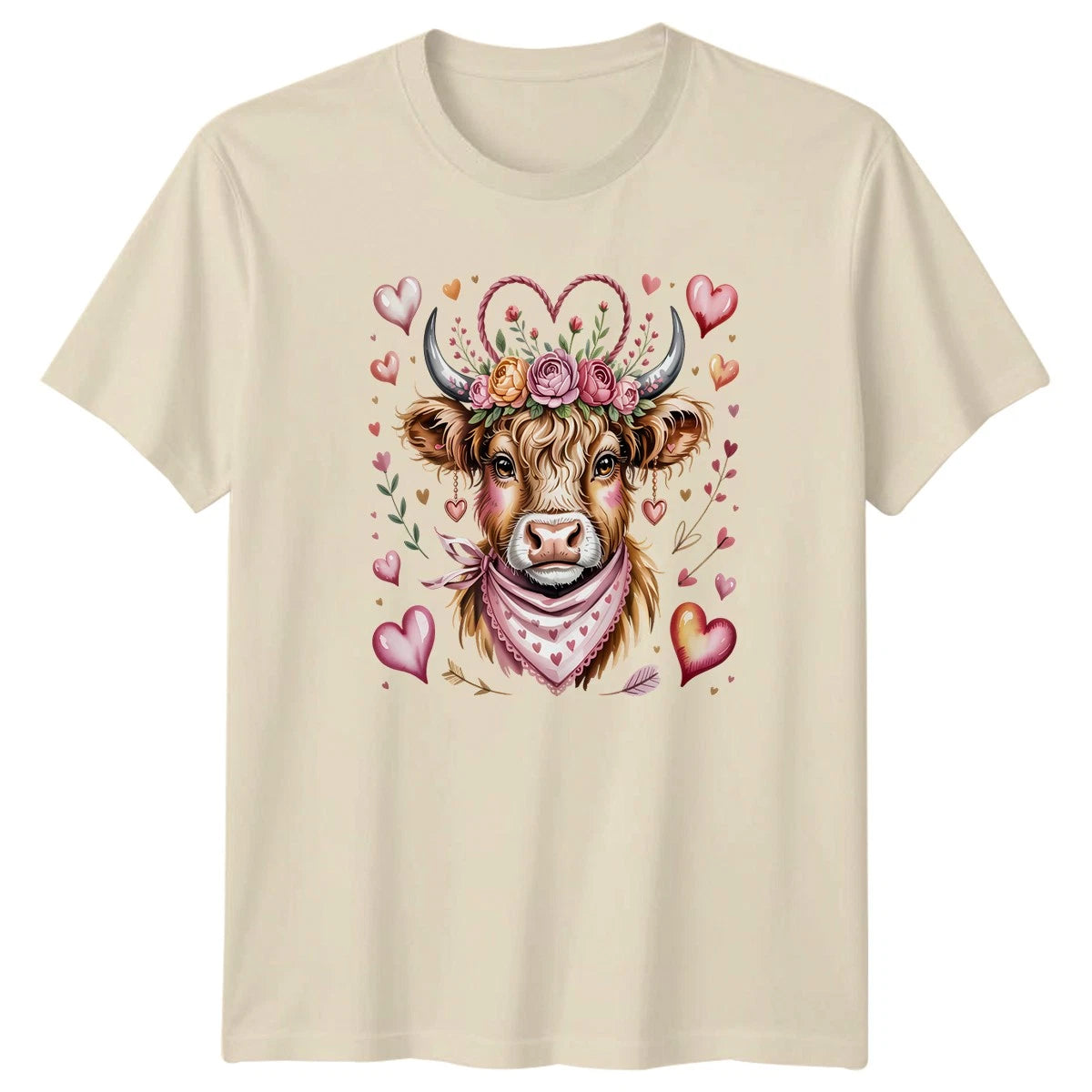 Adorable Cute Highland Cow Floral Crown Womens T-Shirt Boho Cow Valentines Day
