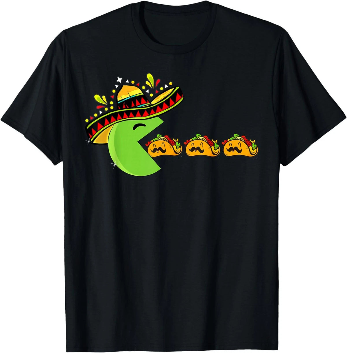 Sombrero Eating Funny Tacos with Mustaches Cinco de Mayo BLACK T-Shirt 2508