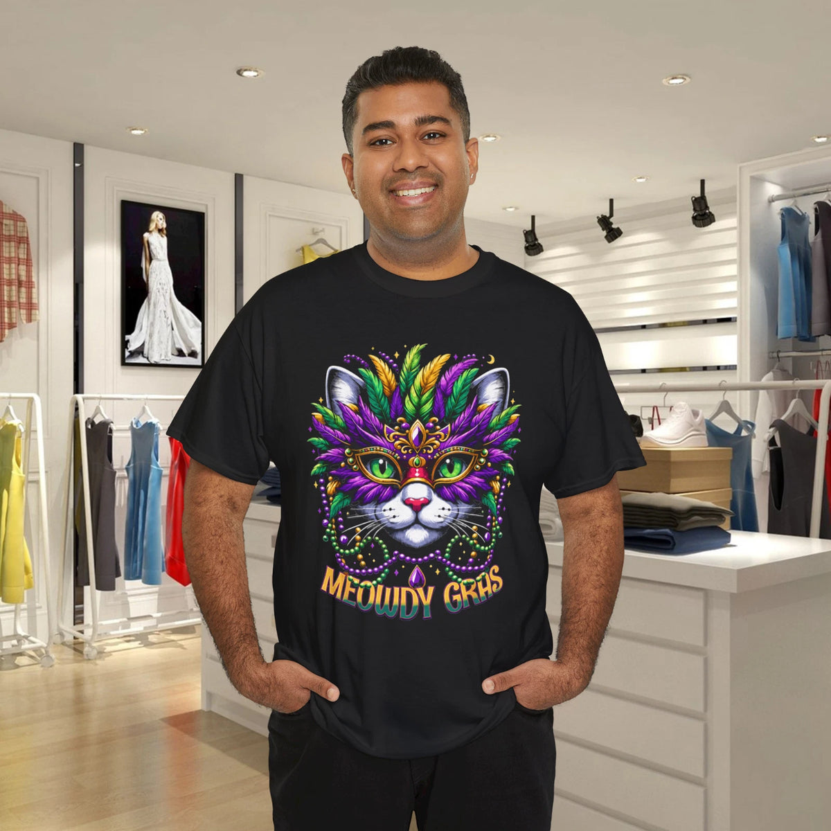 Meowdy Gras Mardi Gras Cat Mask Feathers Carnival T-Shirt