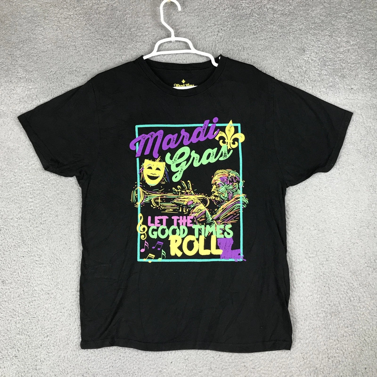 Mardi Gras Shirt Mens Large Black Let The Good Times Roll Jazz Graphic Tee