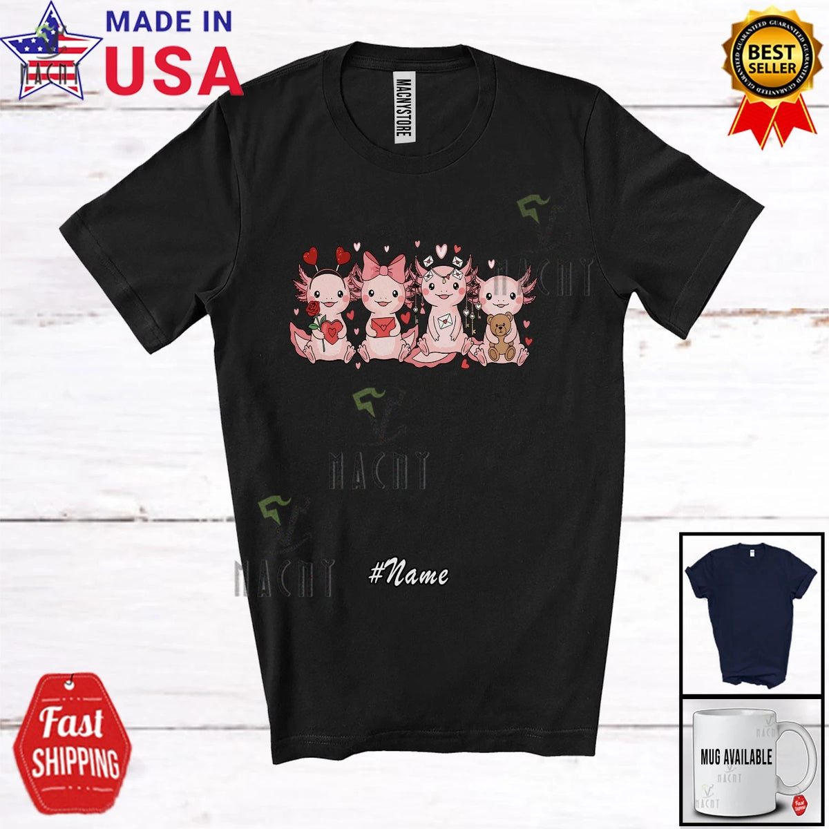 Custom Name Valentine Axolotl Collection; Lovely Hearts Flowers Animal T-Shirt