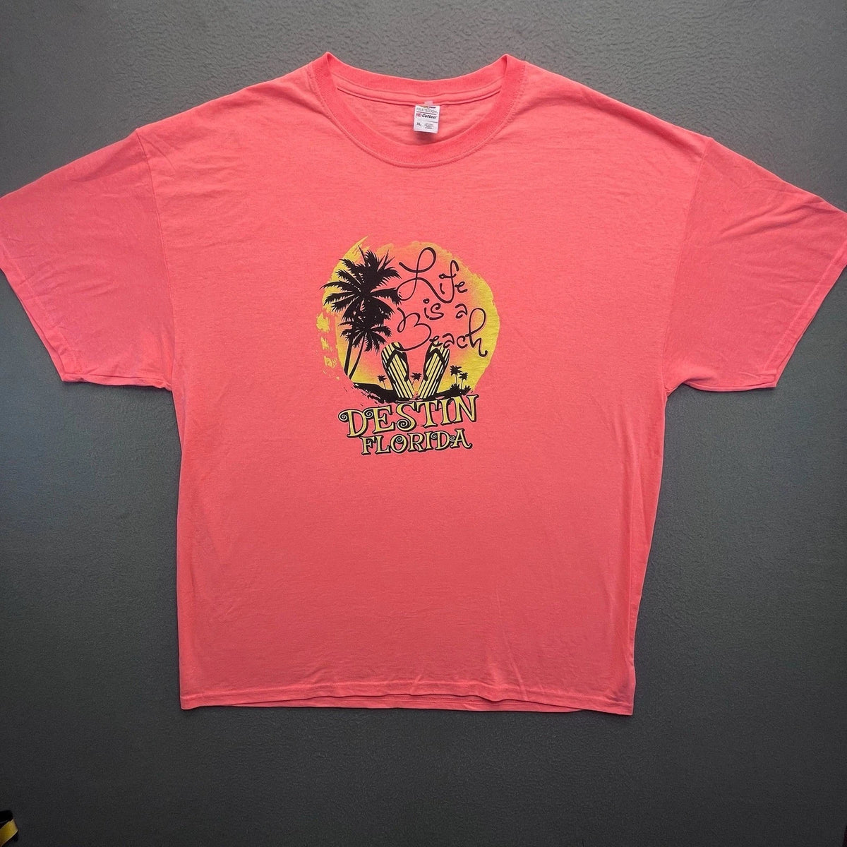 VTG Fruit of the Loom Destin Florida Beach Palm Tree Sunset Graphic Tee Coral XL