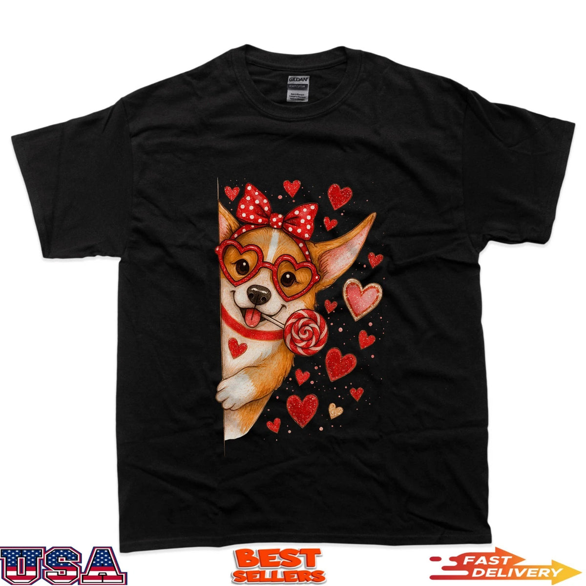 Cute Corgi Valentine Kawaii Pink Hearts Puppy Dog Mom Women T-Shirt