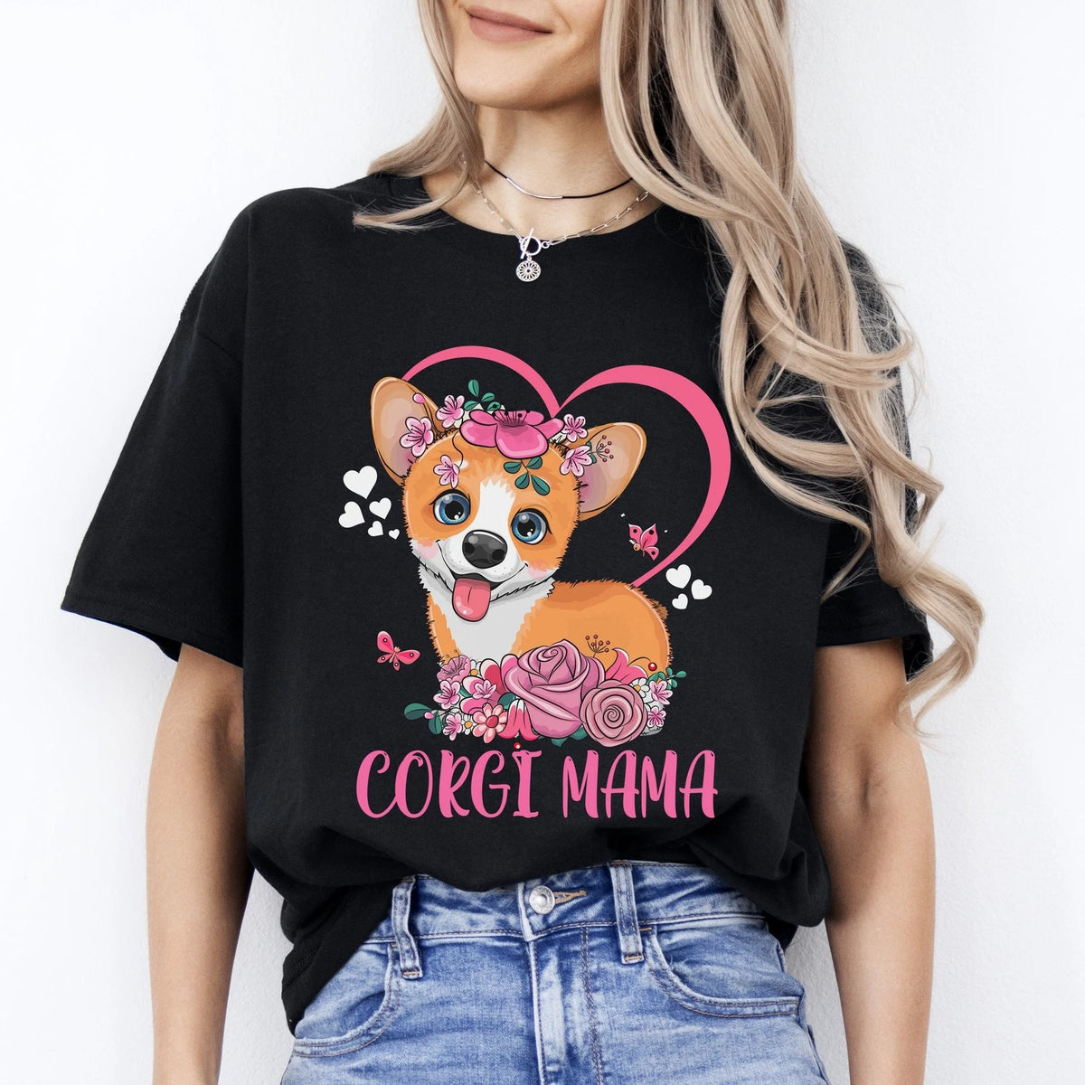 Cute Corgi Mama T-Shirt gift funny heart corgi Dog mom Unisex tee Black Navy Dar