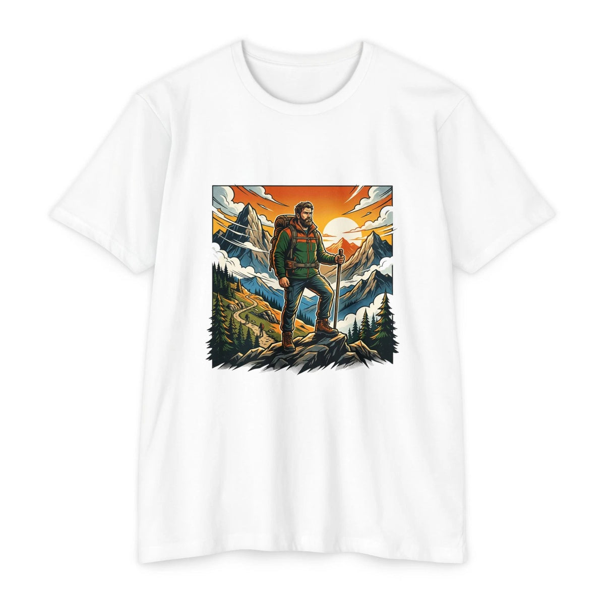 Mountain Hiker Illustration T-Shirt | Vintage Sunset Outdoors