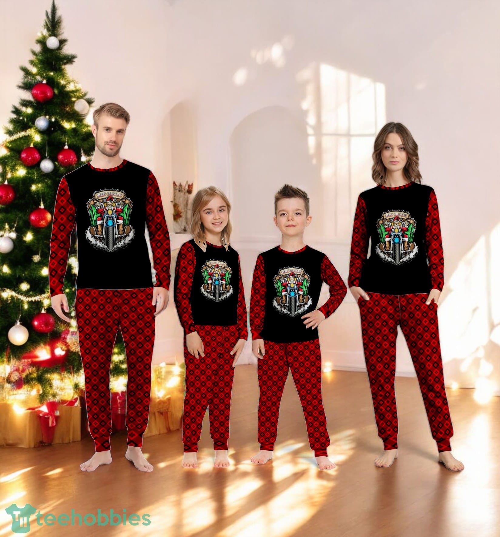 Santa Skull Biker Christmas Santa Motorcycle Claus Rider Family Matching Pajama Set