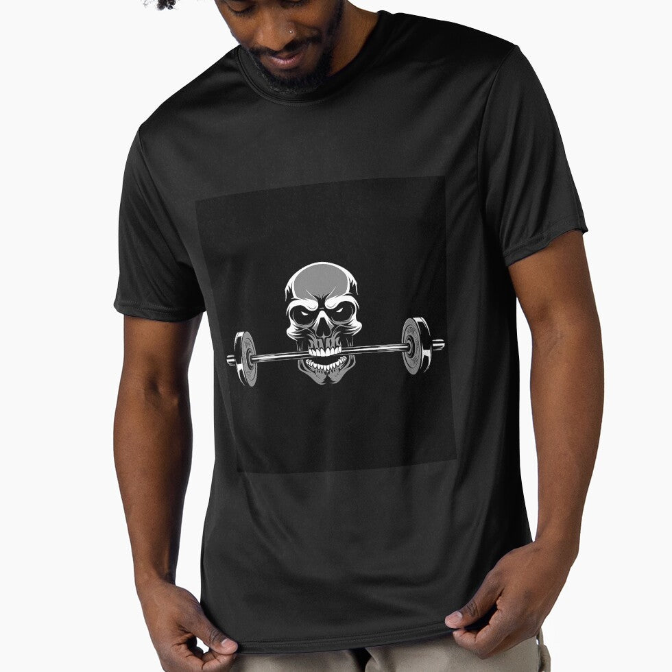Skull Biting a Barbell Gothic Weightlifting Gym Art by inkoutninja