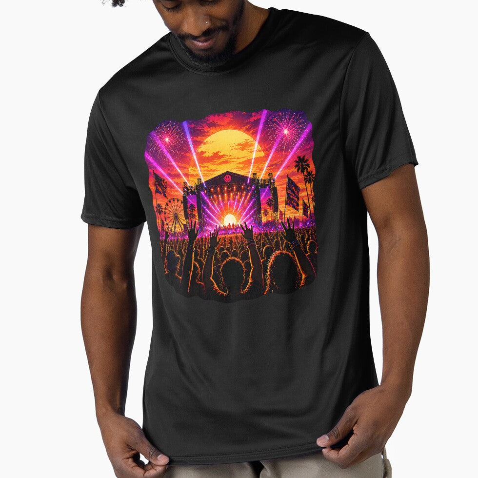 Festival Sunset Stage – Neon Rave Crowd Concert Fireworks Art by Digital Culture Studio