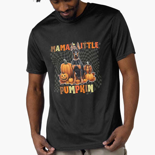 "Mama's Little Pumpkin" - Doberman in Halloween Pumpkin with Checkered Background by GoodyPaws