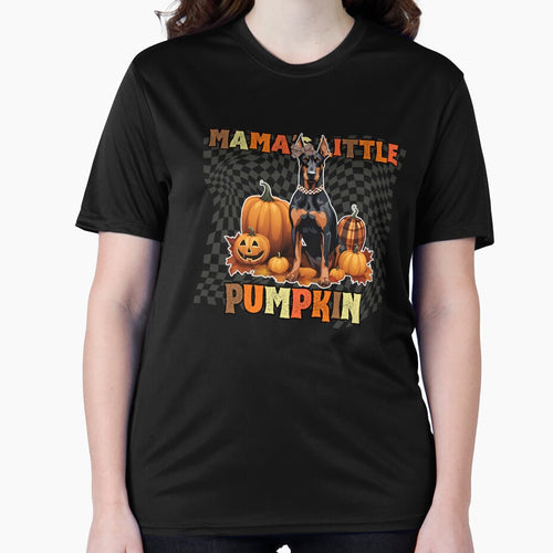 "Mama's Little Pumpkin" - Doberman in Halloween Pumpkin with Checkered Background by GoodyPaws