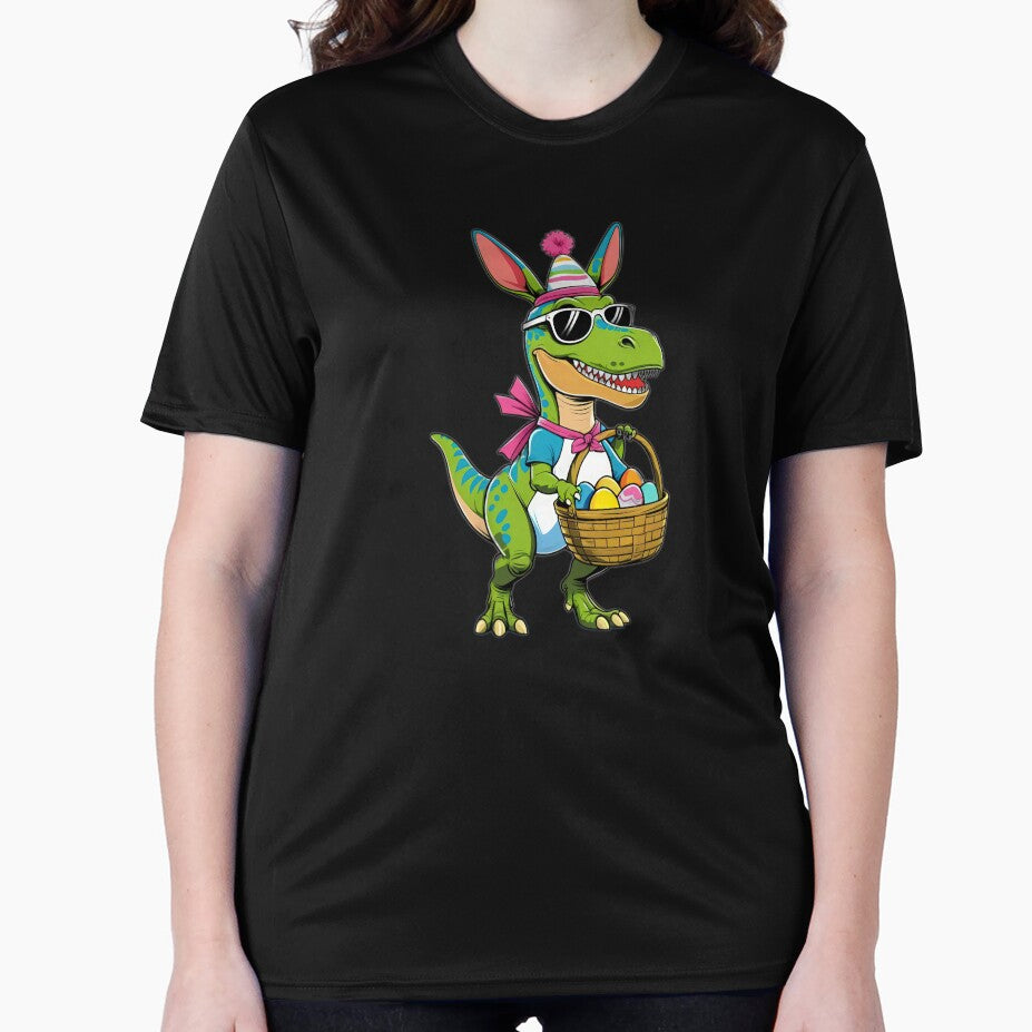 funny easter dinosaur with sunglasses and a basket of colored eggs ,Happy Easter,Easter Humor,Easter Day,funny easter design by Expressions-Sel