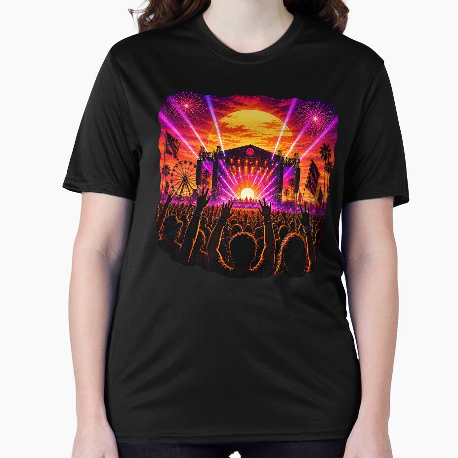 Festival Sunset Stage – Neon Rave Crowd Concert Fireworks Art by Digital Culture Studio