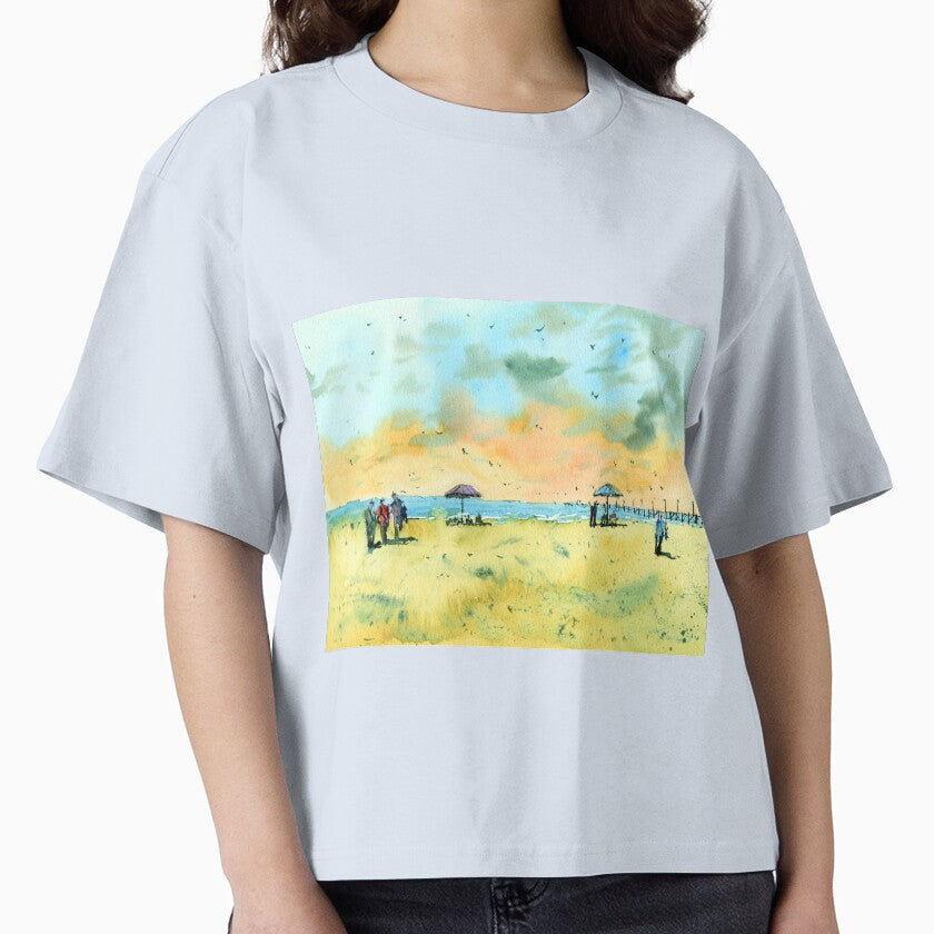 Hot and Sunny Beach Landscape Painting with people by darrenyeoart
