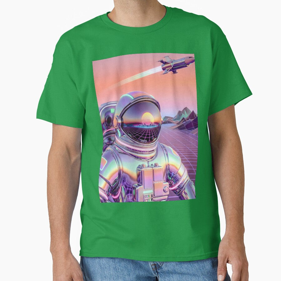 Retro Futuristic Chrome Astronaut in Synthwave Landscape by Rachet Dome