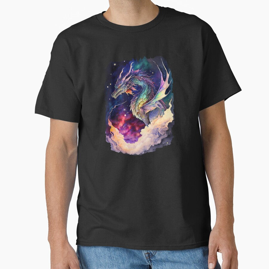 Colorful Starry Dragon in the Deep Space, Nebula Background, Rainbow Dragon by MoonFoxDesign