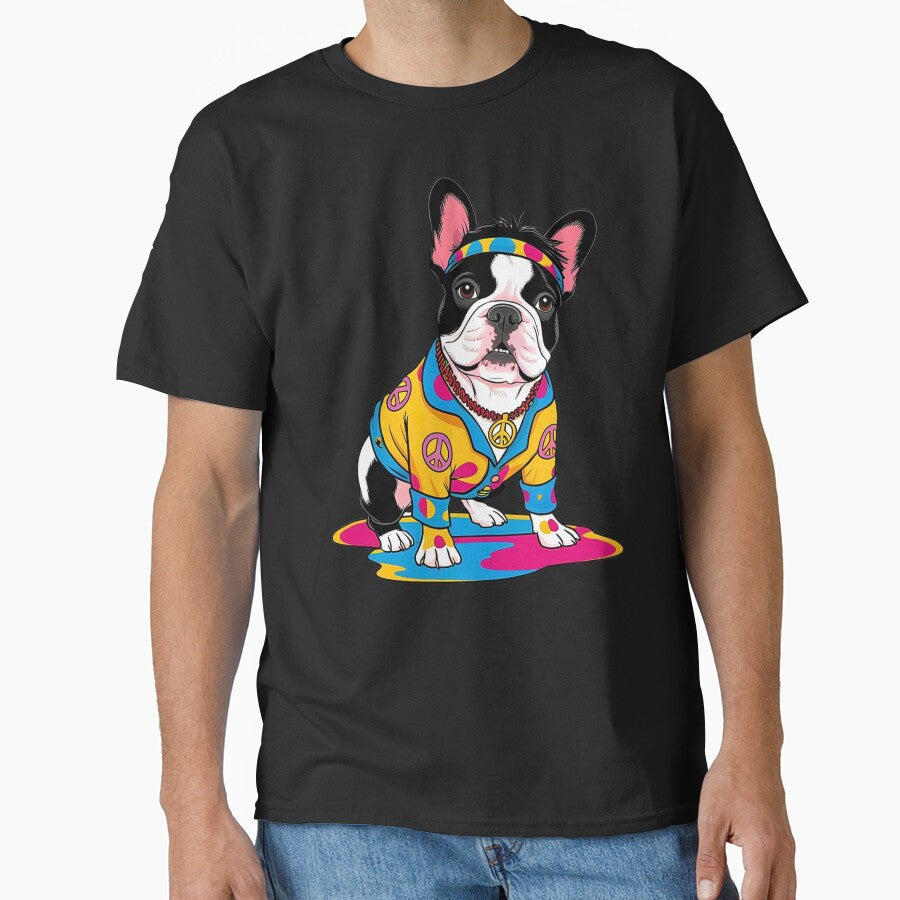 Groovy 1970s French Bulldog Cartoon – Love, Peace & Hippy Vibes by Fredster1966