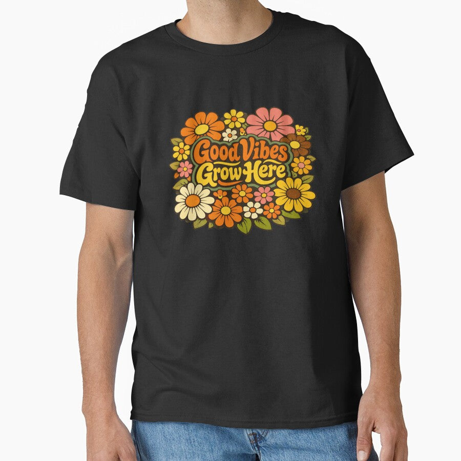 Retro “Good Vibes Grow Here” Floral Quote Art – Positive 70s Aesthetic Wall Decor by Bright Nest Studio