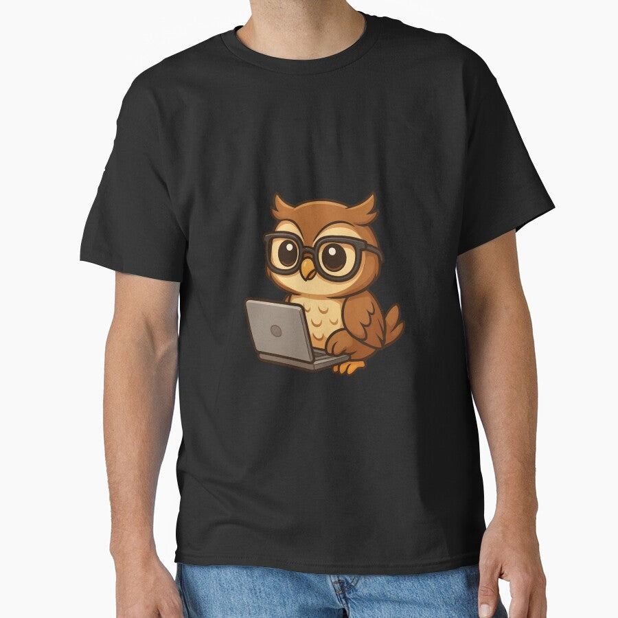 Wise Chibi Owl with Laptop – Cute Owl Studying Online Cartoon Art by ColorSplash123