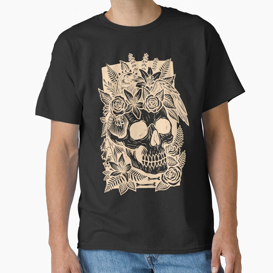 Gothic Floral Skull and Raven Linocut Art-White by Alan Javier Cordoba Espinosa
