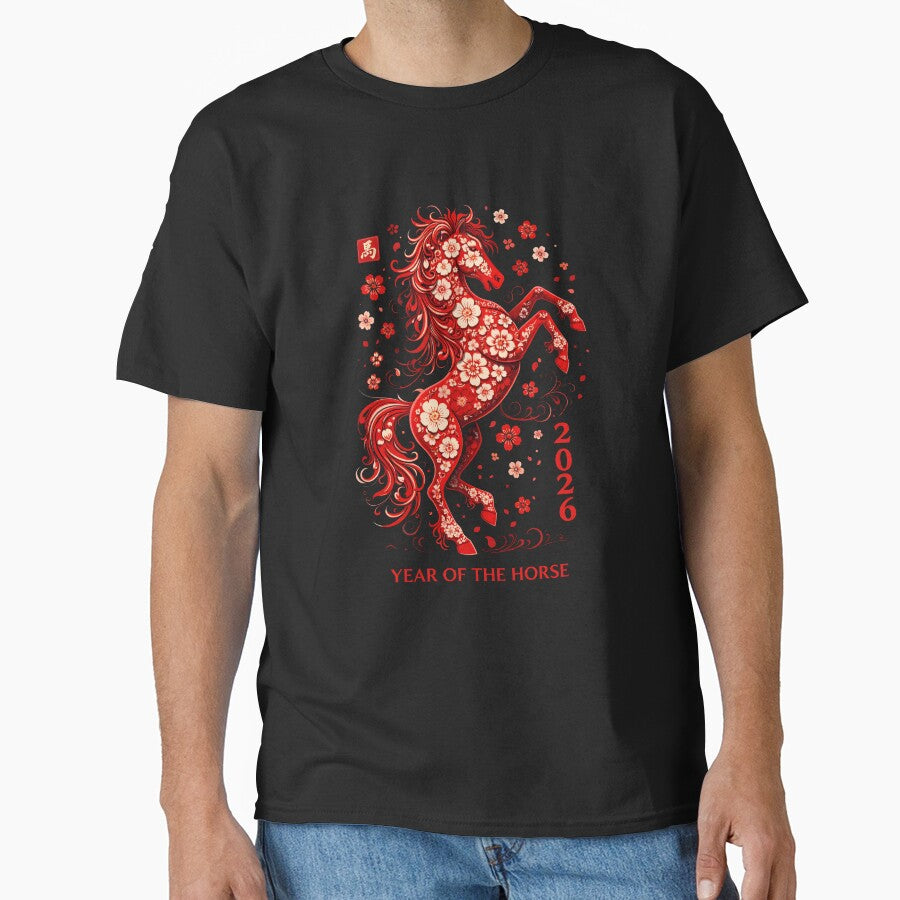 2026 Year of the Horse, Chinese Zodiac Lunar New Year Shirt Gift, Floral Red Horse Asian Art Graphic Tee by saloui