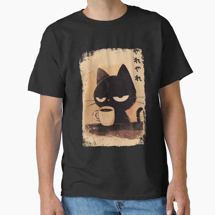 Grumpy Coffee Cat Hilarious "Yare Yare" Black Cat Design by Damcoc